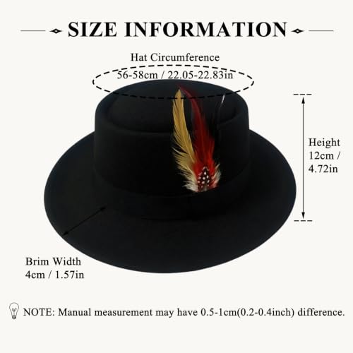 Classic Pork Pie Hat with Feathers Flat Top Fedora, Vintage Panama Hats, Warm Comfortable Jazz Cap - color: Black
