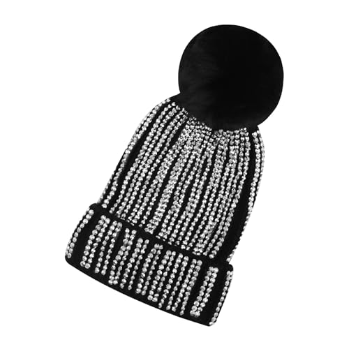 Women Sparkly Sequins Knitted Beanie Hat Warm Winter Skull Cap with Faux Fur Pom Pom - color: Black Rhinestone