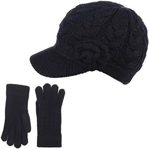 Womens Winter Elegant Cable Flower Knitted Newsboy Cabbie Cap Beret Beanie Hat with Visor, Warm Plush Fleece Lined - color: Black Cable Flower-hat Gloves Set