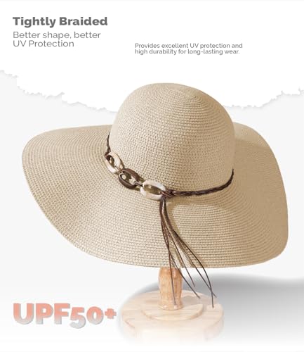 Hat Hut Wide Brim Beach Sun Hat for Women UPF 50+ UV Protection Packable Floppy Straw Hats for Summer - color: Beige, size: Medium