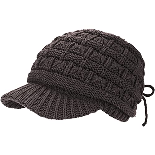 BYOS Womens Winter Chic Cable Warm Fleece Lined Crochet Knit Hat W/Visor Newsboy Cabbie Cap - color: Basket Woven-charcoal Gray