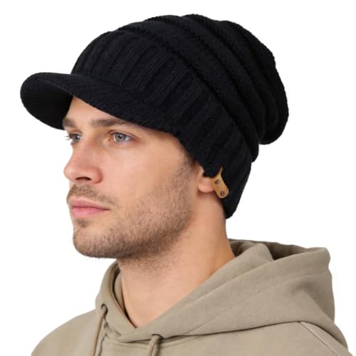 Ruphedy Mens Beanie with Brim Winter Hat Knitted Thick Fleece Visor Beanie - color: B320-black