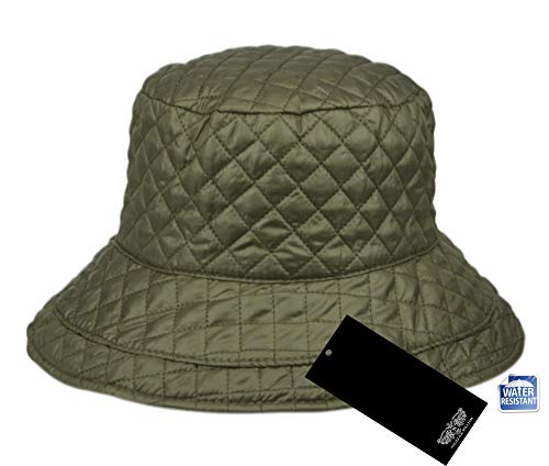 Foldable Water Repellent Quilted Rain Hat w/Adjustable Drawstring, Bucket Cap - color: Olive