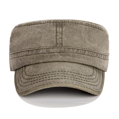 Army Cadet Cap for Men Women Washed Cotton Adjustable Flat Top Hats, Vintage Baseball Caps - color: Army Green