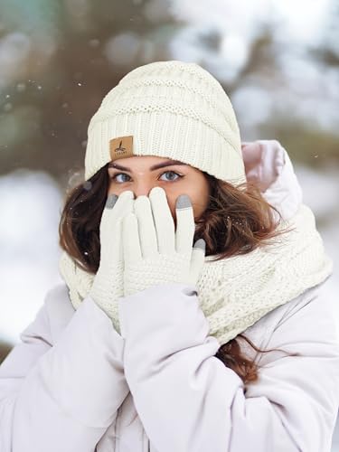 LOROME Winter Beanie Hat Scarf Gloves, Warm Fleece Knit Neck Scarf Set Gift - color: Ivory