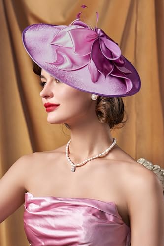 BABEYOND Derby Hats for Women Wide Brim Flower Feather Tea Party Fascinator - color: Light Purple