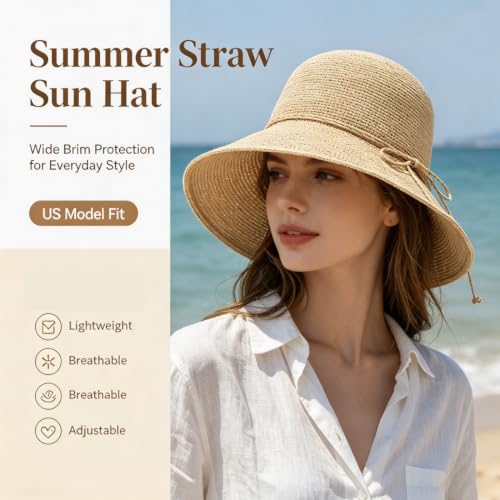 Straw Bucket Hats for Women Beach Sun Hat Foldable Packable Handmade Sun Protection Floppy Travel - color: Beige-brim3.9"