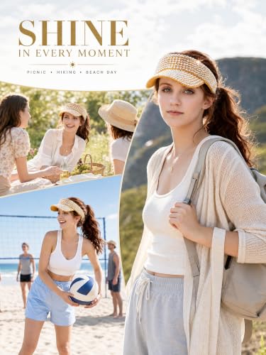 Women Shiny Rhinestone Bling Sun Visor Adjustable Tennis Beach Ponytail Hat - color: Yellow Hat+white Rhinestone