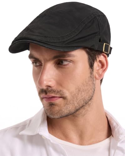 ZLYC Men Cotton Flat Cap Summer Scally Newsboy Beret Driver Hat - color: Side Buckle Black