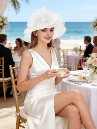Women Derby Fascinator Hat Organza Church Wedding Hats Wide Brim Cocktail Tea Party Hat - color: 039 White