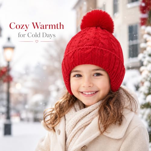 Toddler Baby Winter Hat with Earflap Kids Warm Twisted Knit Hat Infant Pom Pom Beanie Ski Cap for Baby Girls Boys - color: Red, size: 2-6 Years