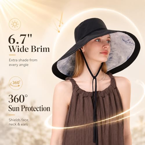 Wide Brim Sun Hat for Women Reversible Beach Hats Metal Wired Edge Gardening Hats, UPF 50+ Bucket Summer Hat - color: Black Floral