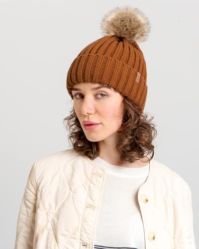 FURTALK Womens Winter Beanie Hat Satin Lined Faux Fur Pom Pom Beanies Hat for Women Winter Warm Knit Hats - color: Camel