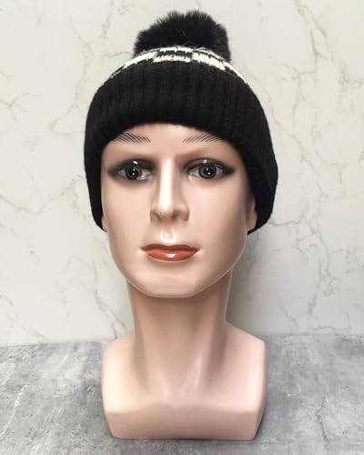 Unisex Classic Checkered Beanie Cuffed Winter Warm Knitted Plaid Hat with Pompom - color: Black White