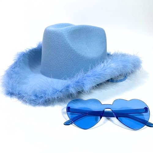 4E's Novelty Cowboy Hat with feathers With Heart Shaped Sunglasses for Women, Felt Cowgirl Hat for Party Costume Dress Up - color: Light Blue