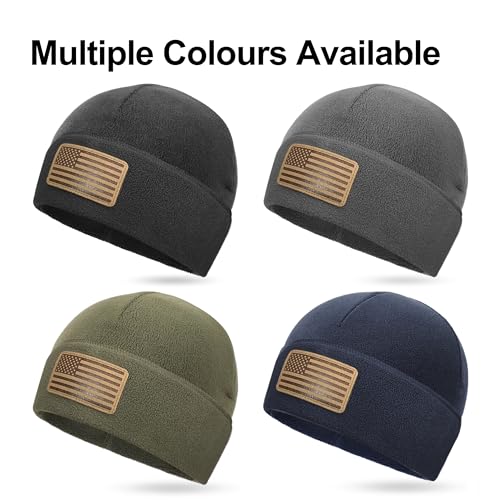 OUTDOOR SHAPING American Leather Flag Fleece Watch Cap, USA Multi-Season Army Military Tactical Beanie, Winter Warm Beanie - color: Fleece Army Green