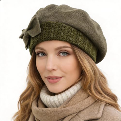 VECRY Women's 100% Wool Bucket Hat Felt Cloche Beret Dress Winter Beanie Hats - color: Beret-green