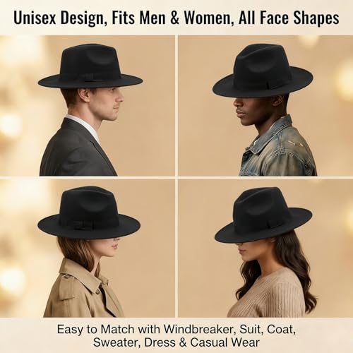 UPSTORE Unisex Classic Wide Brim Felt Fedora Hat for Daily Wear, Black