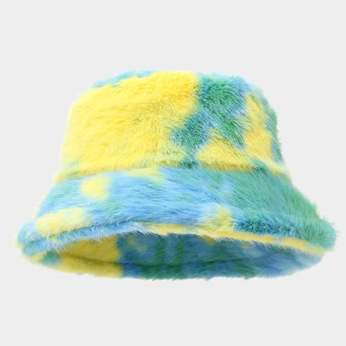 Quanhaigou Winter Faux Fur Bucket Hat,Fuzzy Warm Hat for Women Men, Fluffy Fisherman Cap - color: Tie-dyed Yellow