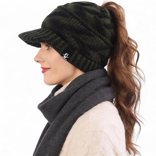 Women's BeanieTail Warm Knit Hat Messy High Bun Ponytail Visor Beanie Cap - color: B341-green, size: Medium