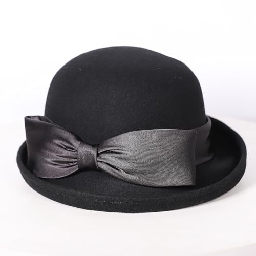 Women Solid Color 100% Wool Winter Hat Women Cloche Bucket Bowler with Bowknot - color: Black 1