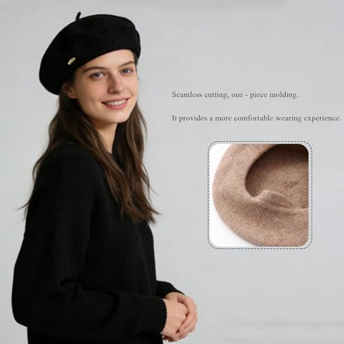Classic French - Style Wool Beret with Metal Decoration - Solid Color Painters Hat - Ideal for Artists All Year Round - color: Black