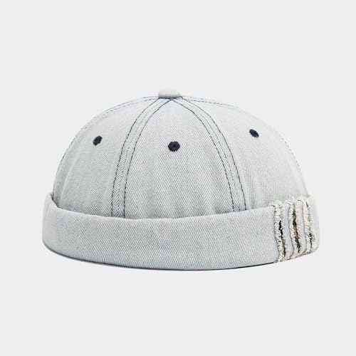 Unisex Washed Denim Distressed Rolled Cuff Brimless Docker Cap - color: Light Blue