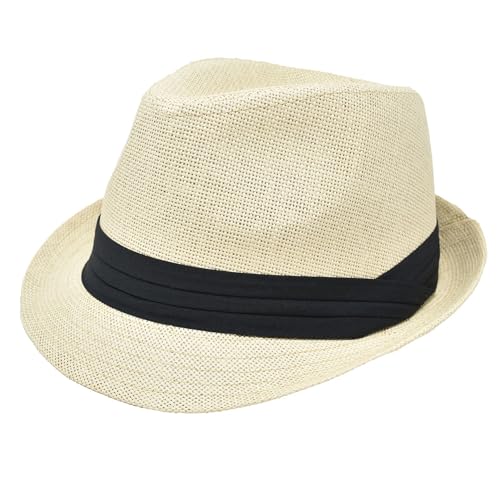 for Men Women Summer Fedora Panama Hat Trilby Cuban Straw Sun Hats Short Brim with Black Band - color: Ivory, size: Small-Medium