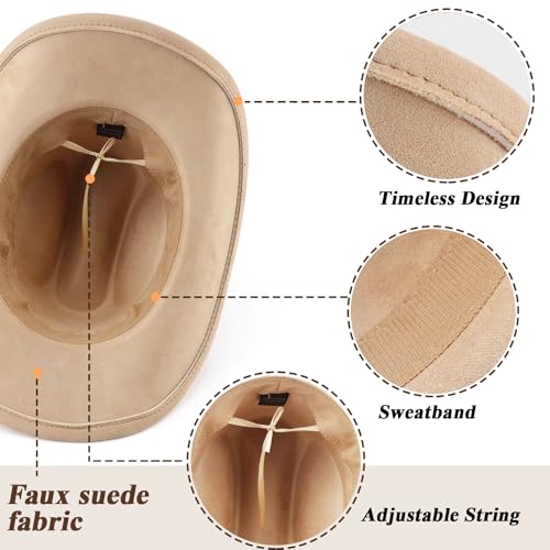 DRESHOW Cowboy Hat for Women and Men Wide Brim Western Cowboy Cowgirl Hat with Belt Buckle Unisex Rolled up Caps - color: Camel