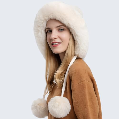 Women’s Winter Trapper Hat Knit Beanie with Pompom Fleece Lined Warm Ear Flap Hat Cute Faux Fur Snow Cap - color: A-white