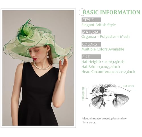 Women's Kentucky Derby Church Dress Hat Wide Brim Leaf Flower Bridal Shower Hat - color: Stylec-light Green,beige