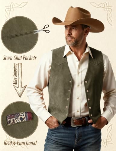 JEMITOP Men's Retro Western Cowboy Faux Suede Leather Vest - color: Army Green, size: X-Large