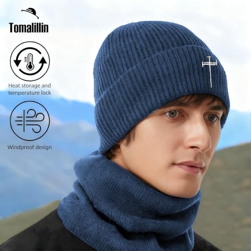 Winter Beanie for Men Women Fleece Lined Beanies Hats Soft Warm Thick Knit Hat - color: Navy Blue