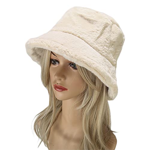 Umeepar Winter Faux Fur Fuzzy Bucket Hat Fluffy Warm Hat for Women Men - color: Plain Beige