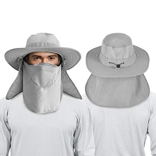 2 Pieces Men's Wide Brim Fishing Hat Outdoor UPF 50+ Sun Protection Removable Face and Neck Flap - color: Light Grey & Light Grey