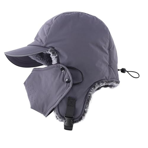 Home Prefer Waterproof Mens Faux Fur Trooper Trapper Hat Hunting Warm Winter Hat with Ear Flaps Visor Face Mask - color: Dark Grey