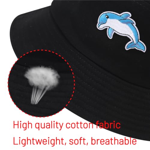Cotton Bucket Hat for Women Men Summer Travel Sun Beach Bucket Cap, Unisex Outdoor Fisherman Hat - color: Dolphin Black