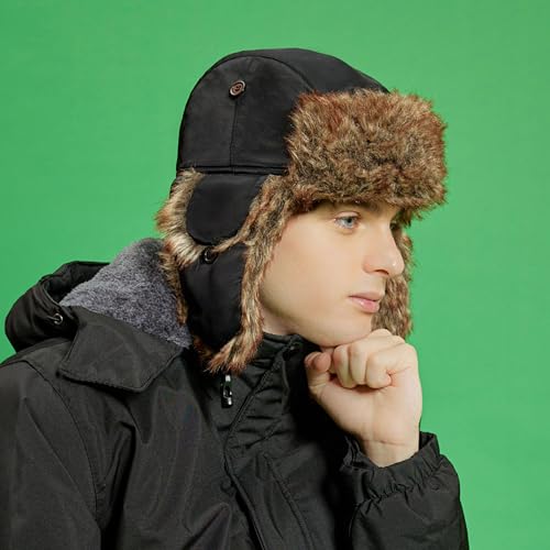 Faux Fur Safety Reflective Plain Plaid Aviator Trapper Hat Snow Ski Trooper Winter Cap - color: 1. Reflective - Black, size: Small-Medium