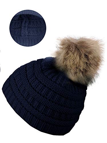 C.C Children's Kids' Soft Stretch Cable Knit Faux Fur Pom Beanie Hat - color: Navy