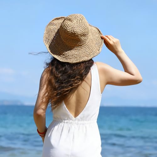 Womens Wide Brim Straw Sun Hat, Floppy Summer Straw Beach Hats, Foldable Crochet Summer Travel Beach Sun Cap - color: Khaki