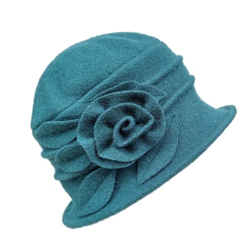 Women Cloche Bucket Hat 1920s Vintage Dress Winter Hats - color: Flower Turquoise