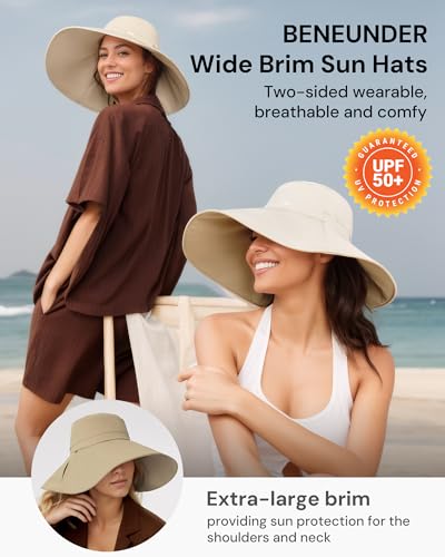 BENEUNDER Reversible Wide Brim Sun Bucket Hats UPF50+ UV Protection Foldable for Women Outdoor Beach Vacation Travel - color: Gray