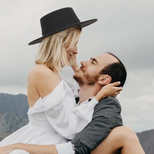 Fedora Flat Hat Classic Wide Brim Cap Panama Style Jazz Hat for Wedding Party Talent Performance Xmas Gift Unisex - color: Black