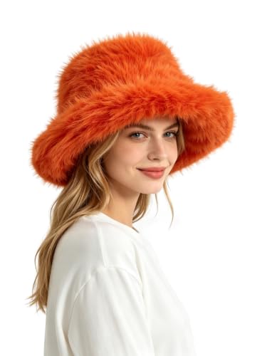 Lina & Lily Oversized Winter Faux Fur Bucket Hat for Women - Long Pile Fur Wide Moldable Brim - color: Orange
