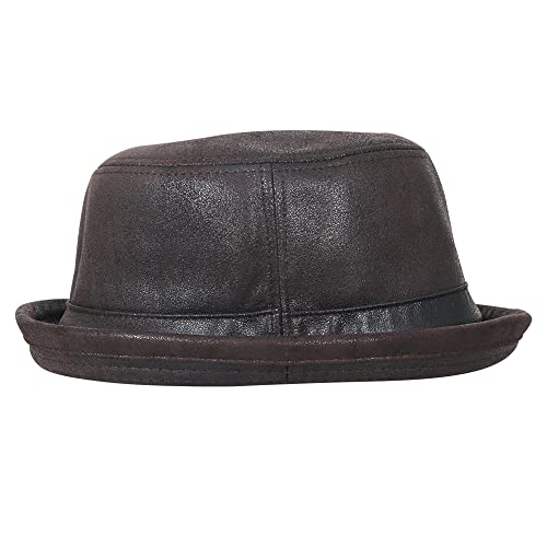 ililily Vintage Faux Leather Short Brim Bucket Hat Flat Top Basic Hat - color: Dark Brown, size: Medium