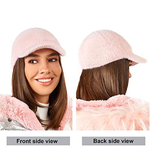 Beanie Visor - Womens Winter Wool Knit Hat with Brim - Billed Knit Cap Newsboy Hats - color: Light Pink