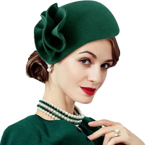 ORIDOOR British Style Pillbox Hat Women Church Wedding Winter Vintage Fascinator Beret 100% Wool Felt Hat with Veil - color: 13g Dark Green Flower