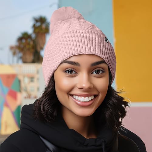DALIX Cable Knit Pom Beanie Soft Stretch Skully Warm Fuzzy Faux Sherpa Winter Ski Beanie - color: Mauve