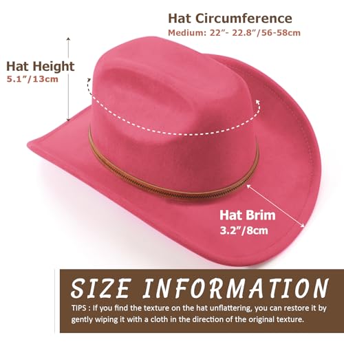 Western Cowboy Hats for Women Classic Felt Wide Brim Fedora Hat with Belt Buckle Retro Panama Hat Unisex Rolled up Cap - color: Suede Cowboy Hats : Deep Pink, size: Medium