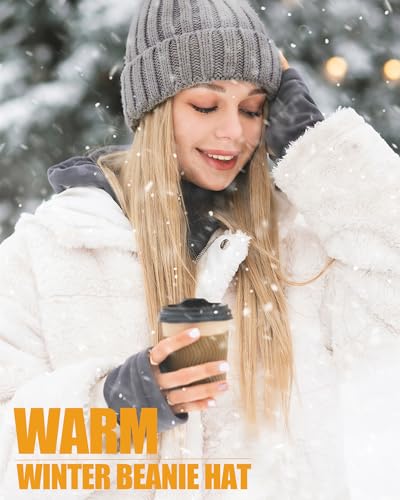 Fleece Lined Wool Beanie Hat Women Men,Winter Knit Chunky Snow Cap - color: 1-grey